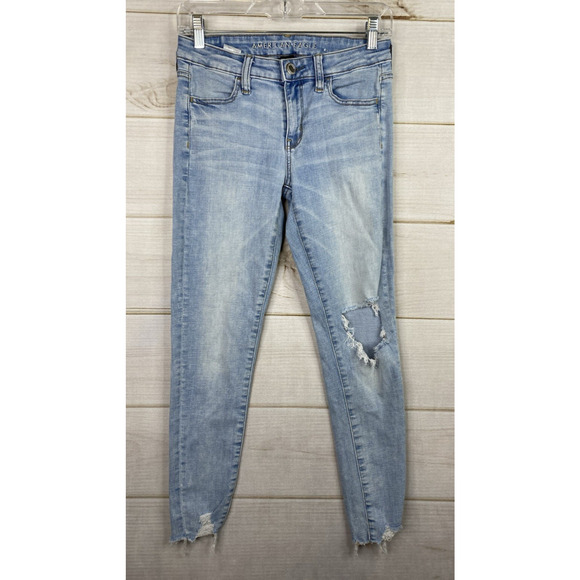 American Eagle Jeans Womens 4 Short Light Wash mid rise jegging crop distressed - Picture 1 of 11